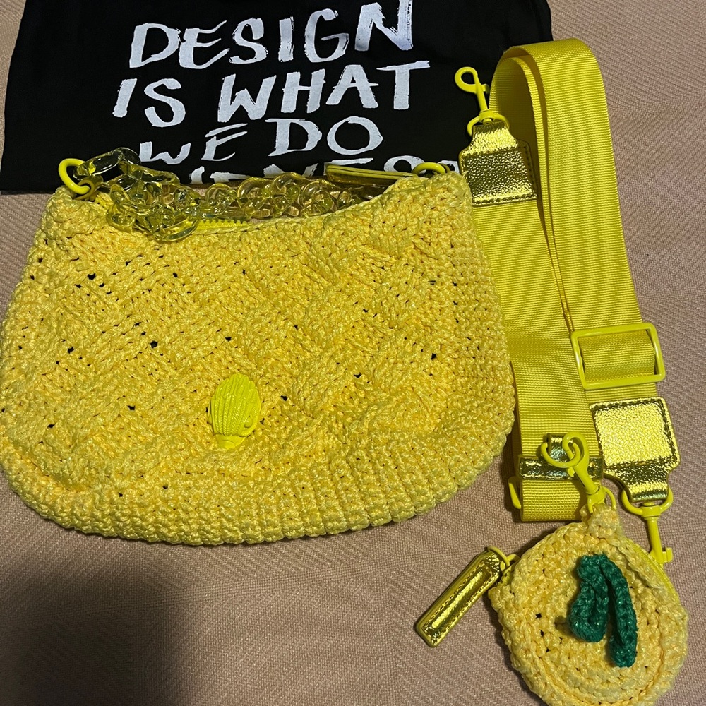 Yellow Crochet Crossbody Bag with Strap & Pouch